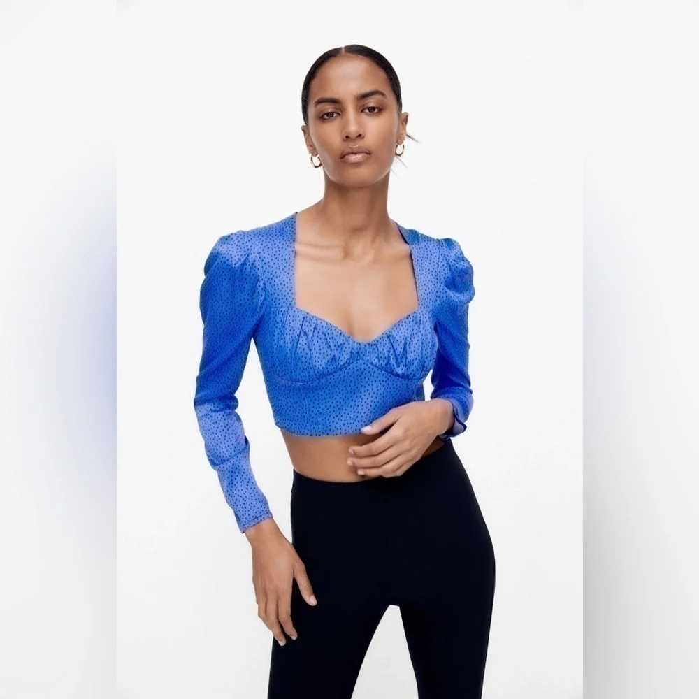Zara Satin Blue Dot Cropped Long Sleeve Top ✨